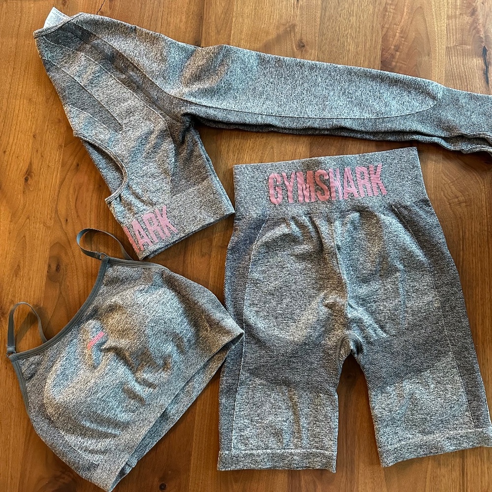Gymshark Flex Matching Set - Longsleeve Crop Top, Biker Shorts, & Sports Bra